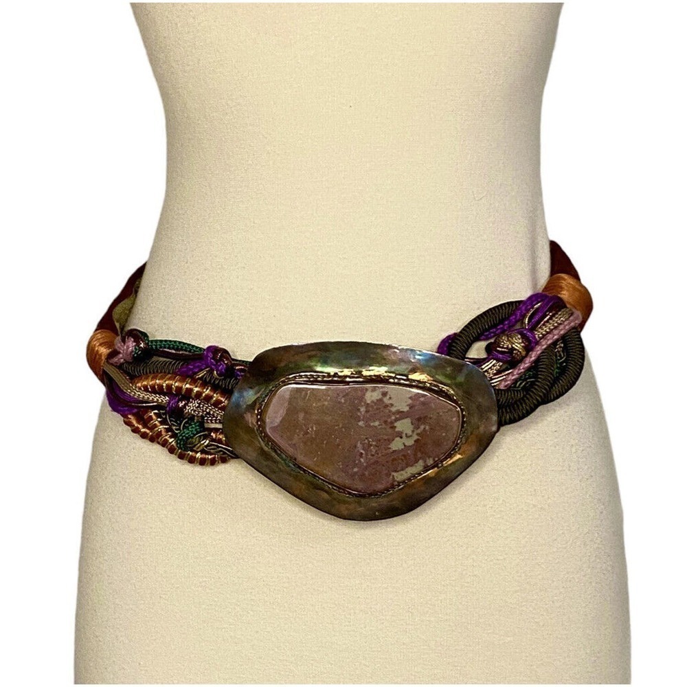 Vintage 80s Boutique Large Stone Rock Braided Rope Knotted Brass Gold Suede Belt - Picture 10 of 10